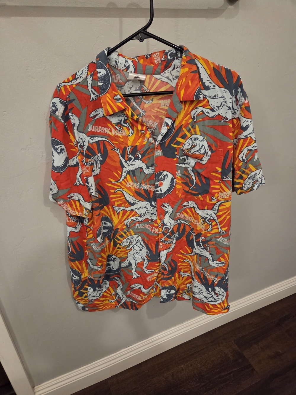 Jurassic Print Short-Sleeve Button-Down Shirt in Orange